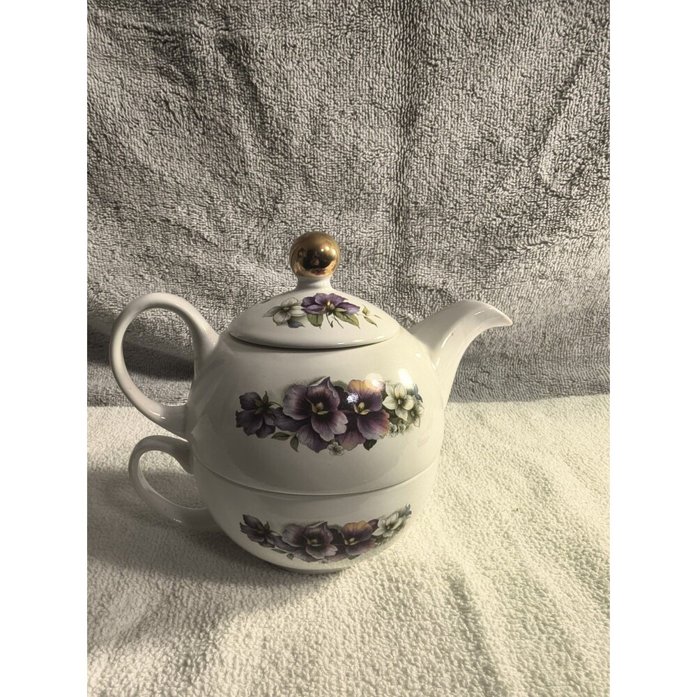 Arthur Wood Son Tea for One Stacking Teapot Cup Set Violets Pansies 6496 England